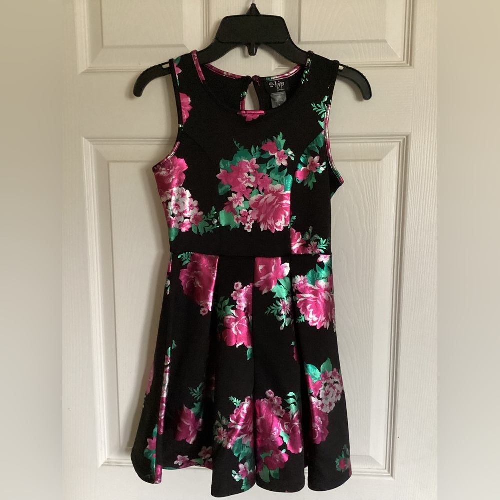 Girls black sleeveless party dress with glossy pink flowers. Size 7